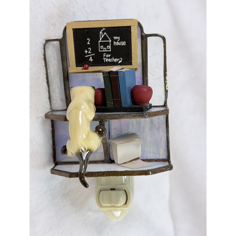 Vintage Stained Glass Cat Night Light Teacher Chalkboard Books School Apple VTG